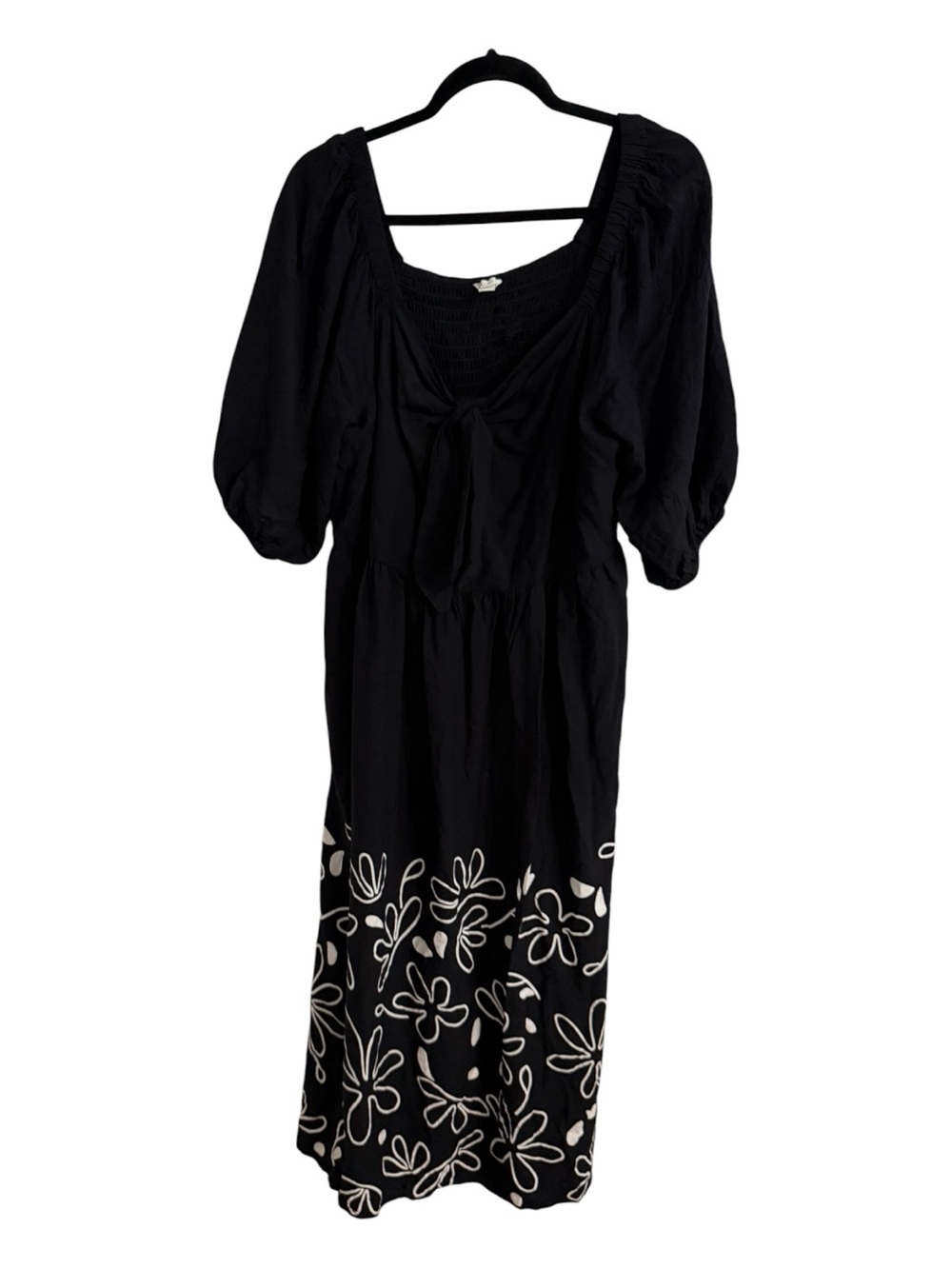 Black Floral Midi Dress Smocked Bodice Puff Sleeve Tie Front Plus Size 18/20W